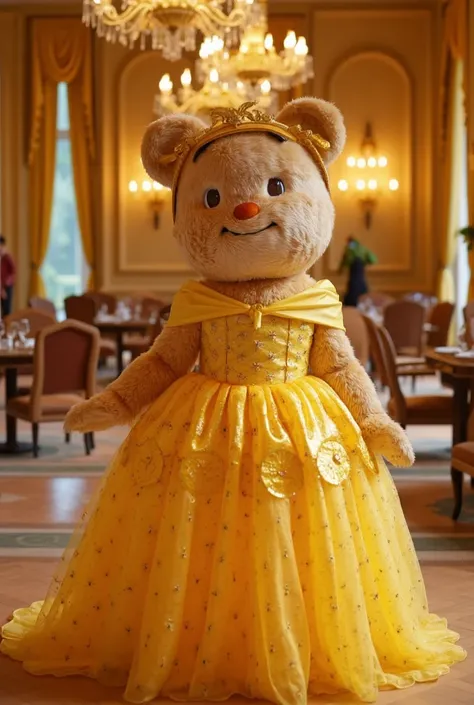 a breathtaking live-action disney princess movie poster, butterbear as belle in an enchanting ballroom scene, butterbear, a charming bear, highly detailed, photorealistic, 8k, hdr, physically-based rendering, elegant ballroom interior, chandelier lighting,...