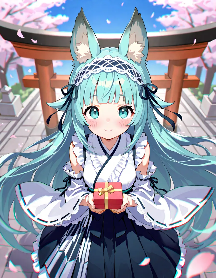 (In 8K, Best Quality, Master Piece:1.2), Ultra High Resolution,1 girl,solo,16yo,detective,ultra-detailed face,puffy eyes,animal ears,aqua eyes,animal ears,very long hair,hair flaps,aqua hair,blunt bangs,lace hairband,wnite detached sleeves frilled shirt,Ya...