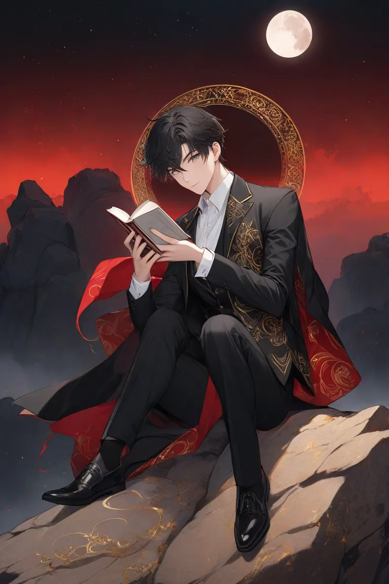 Young dark and short hair, white shirt, black vest with gold embroidery, black gloves  , silver rings on the right hand, perched on a rock , dark sky red haze background, about 25 years old,  suit pants  , , Two moons in the background. penetrating look, B...