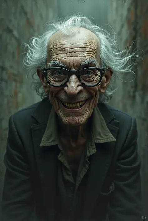 Crazy and strange and dirty old man, with glasses, dark demonic aura, smiling