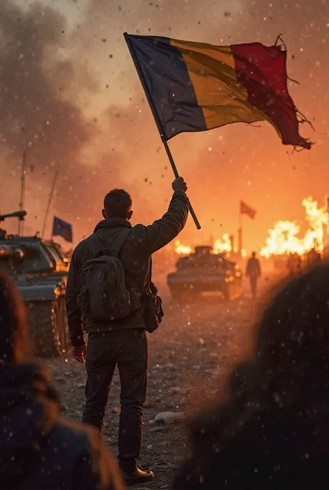 A historical flashback to the Romanian Revolution of 1989, a brave protester standing in front of tanks, holding a Romanian flag high, the glow of fire in the distance, smoke rising from burning barricades, intense emotions on people's faces, highly detail...