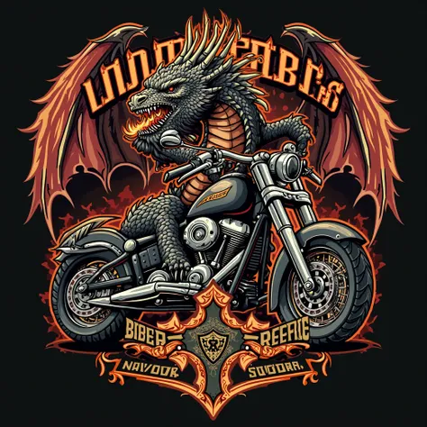 Logo para chamarra de motociclista con una imagen de un dragón super poderoso con la leandenda "Indomables Biker's" and "Navojoa Sonora" that contains a Cross motorcycle