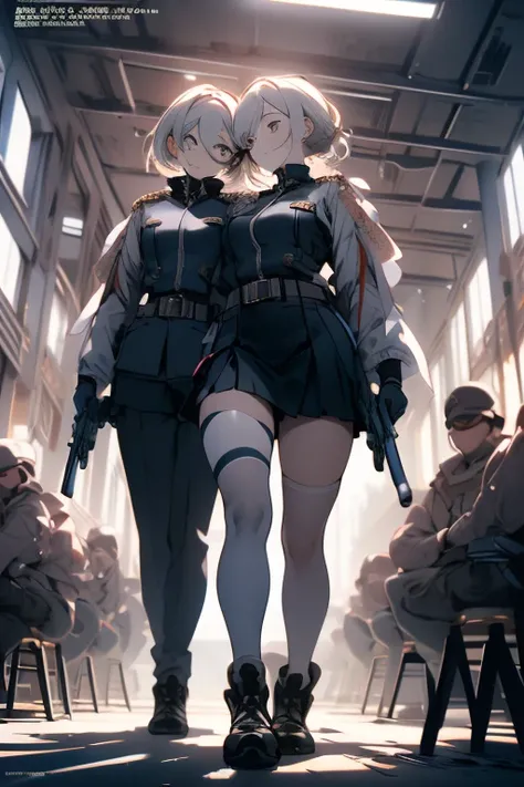 (from below:1.2, Highest quality ),  girls on the left ,   platinum colored hair military uniform  , The dreamer wants purplish blue eye ,(small breasts:1.0),  Lori Does It , (masterpiece:1.2, Highest quality ), (Beautiful  exhaustive depictiOn : 1.2), ( b...