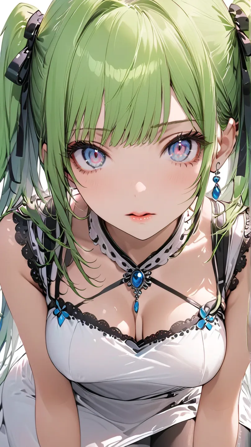 8k resolution, Masterpiece, Master work, perfect proportion, semi-realistic, 1woman, busty, breasts apart:1.2, small face, scary and beautiful, mad green hair:1.3, gray eyes, empty expression:1.2, The art style is modern and elegant, outlines and shadow, e...