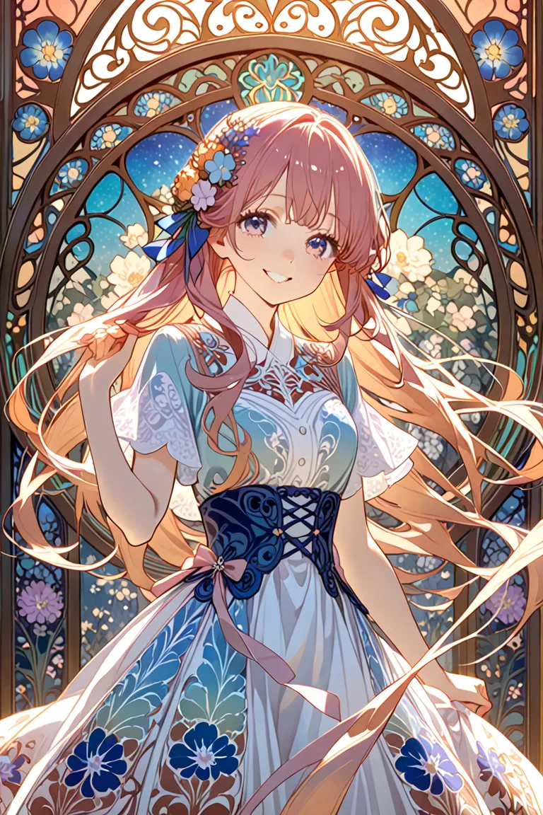 A beautiful woman who combines Alphonse Mucha style with anime aesthetics, Elegant, decorative Art Nouveau pattern, Flowing hair with delicate details,  Soft and delicate facial features  , Large expressive anime-style eyes, pastel, Floral and organic moti...