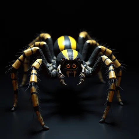 araignée agressive noire et jaune, vue 3/4 haut, 3D sur fond noir