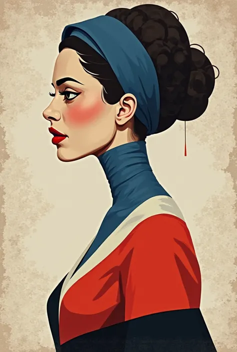 ```
[Portrait de profil d'une figure féminine stylisée. Son visage est composé de formes géométriques et de textures, avec un seul œil sombre visible. elle porte un haut bleu sarcelle, décolleté impressionnant,  blouse victorienne , la partie rouge un cerc...