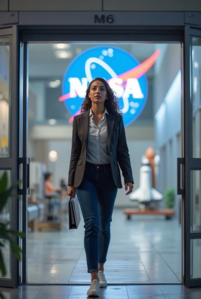 Maria confidently walks into a building labeled “NASA.” The scene shows her holding a folder, ready for an interview. In the background, there’s a NASA logo and a spacecraft model. Her face shows determination and excitement as she takes a step closer to h...