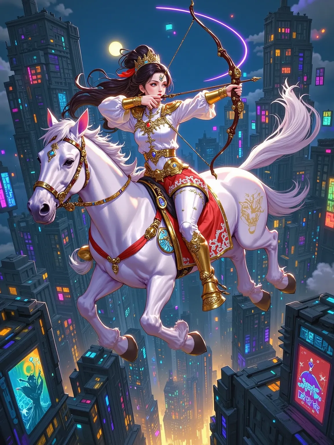 The cyborg steed leaps between skyscrapers as the woman draws her bow sideways at 90 degrees. Subdermal actuators on her left arm glow with concentric rings during the triangular brace. Overloaded arrowhead arcs intertwine with neon data streams from billb...