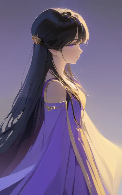 (masterpiece,Highest quality, narrower _ exhaustive,Hi-Res,Absard Dress:1.2), golden purple color,(oil \(medium\):1.1), 1 girl, Alone, black hair, watching viewers, gray eyes, long hair, blue eyes, cute