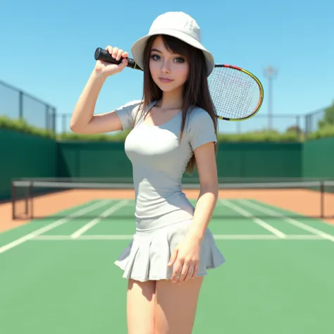 woman is on a tennis court. Hat einen Tennisschläger in der rechten Hand Stil Fotorealistisch,  sharp focus, very detailed, sunlight, Detail , Fotoreal,  full body