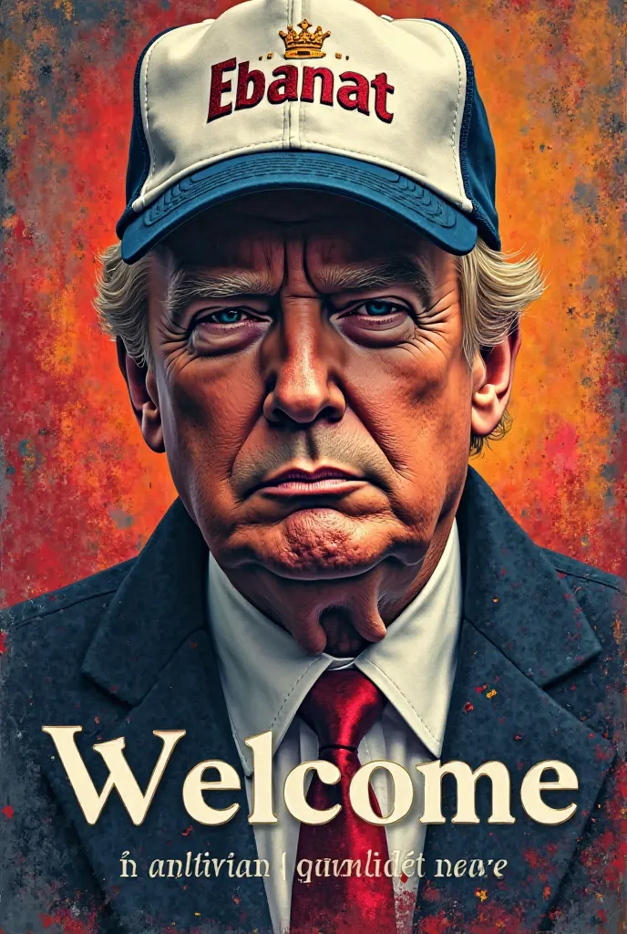 An Ebanat advertising poster featuring Donald Trump wearing a cap with the inscription "Ebanat Welcome"