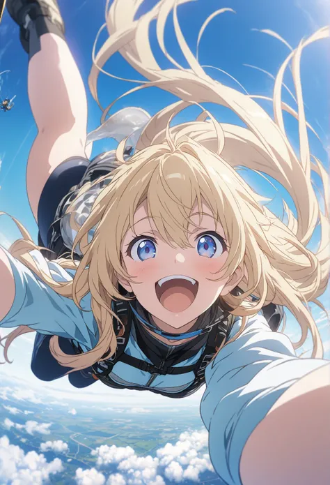 masterpiece, Highest quality, Highly Detailed CG Unity 8k Wallpaper, blue sky, 20 year old girl anime illustration. Attractive Poses、Close your eyes、opening your mouth, smile.  The background is a pastel colored landscape,  Blonde Color ,long hair、hair flu...