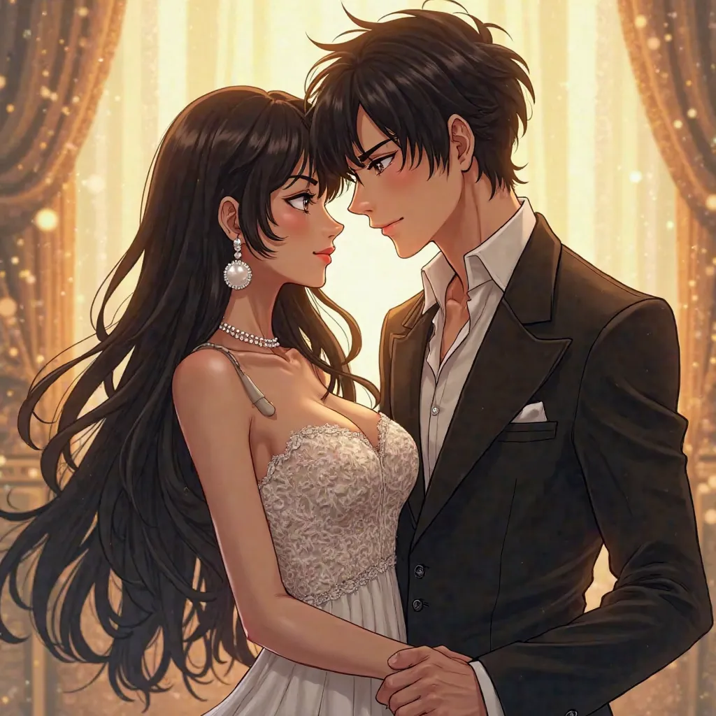 "A stunning woman with long, flowing black hair anime style, adorned with pearl earrings, standing gracefully in an elegant white lace gown. Beside her, a handsome man with black hair leans in slightly, his gaze affectionate and intense. The background fea...