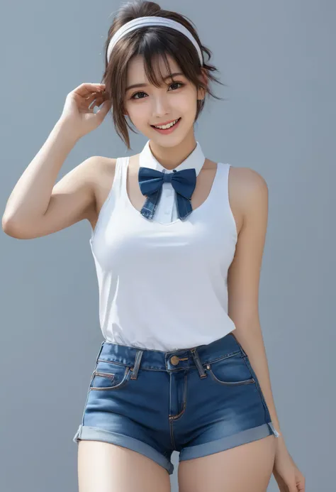 score_9,score_8_ up,score_7_ up, ultra detail, absolute resolution, 32K,Masterpiece, best quality , Super High Definition's beautiful face and eyes with attention to detail, beautiful girl with pubic hair, short hair, smile, (White Tank Top, Denim Shorts ,...