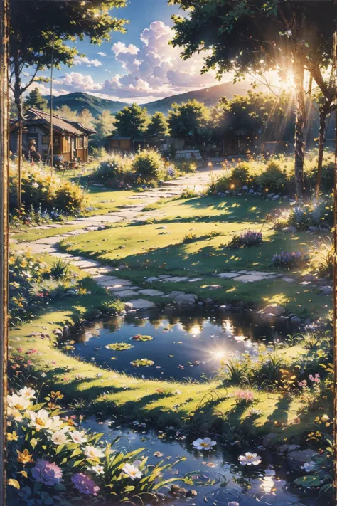   soft white clouds floating in the blue sky ，反射着阳光的温Warm colors， A lush green meadow spreads over the garden,   The scene is serene  ,  colourful flowers,Dark wood々 sunlight shines through between ,  warm natural heat , summer, reality,   high quality ima...