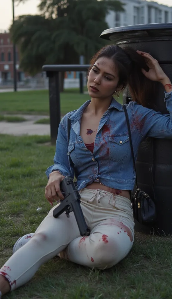 bloodied and mortally wounded female assassin  sits weakly on the grass in a park leaning against a dustbin. She has multiple gunshot wounds in her chest , belly and flank and she is bleeding profusely from her wounds. Deep red crimson blood splatters and ...