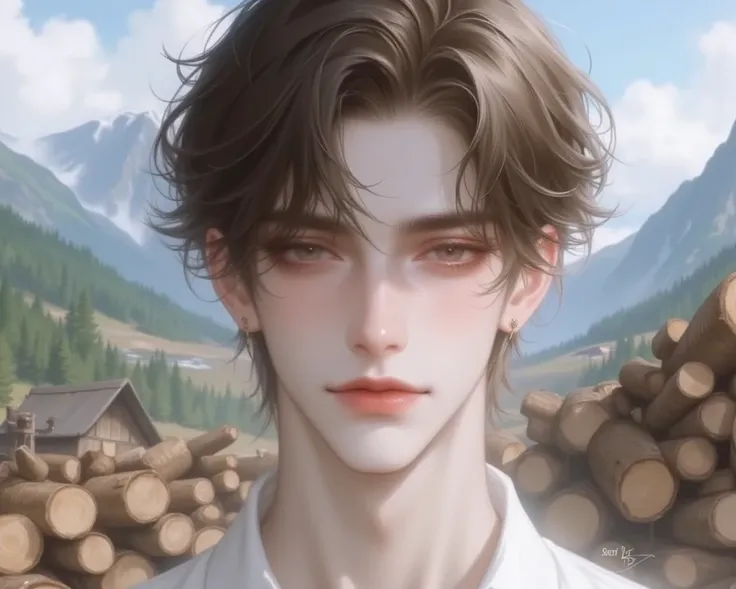  Male,, short brown hair , brown eyes, The face is not smiling,  wearing a white shirt , The background is mountains and tons of wood in northern Thailand, White skin, Wide angle view,  horizon, Backlight, Flickering, full character design, 