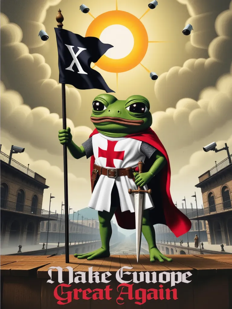 (Masterpiece, best quality, absurdres,) perfection style, fine art parody, oil painting, renaissance painting, propaganda poster, apustaja, confident, stoic, looking up, cartoon frog, dressed up as a crusader, standing, planting down a black flag with a wh...