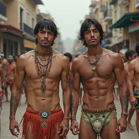 2 Brazilian Latino male,one brown and the other brown,Sexy pant, fair skin,  bangs on straight and short hair, blue and green eyes, athletic and hairy body, thick pussy and big upturned ass , Of skin-colored underwear, In the setting of a costume dance, Co...