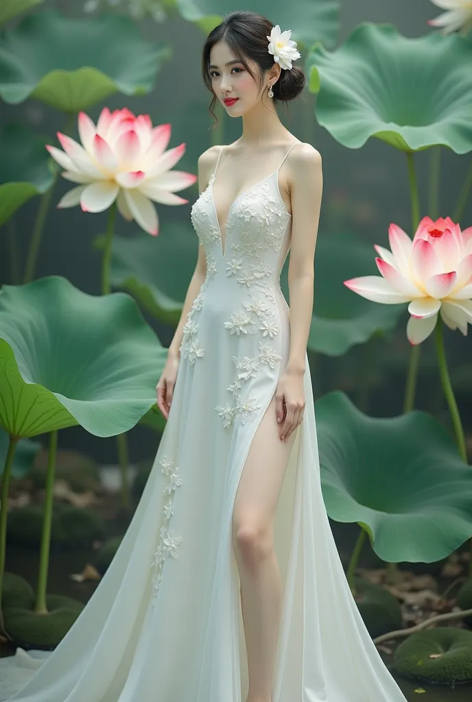 a woman in an elegant, flowing white gown adorned with floral designs. She is standing in a serene environment surrounded by large lotus flowers in various colors, including white and red, along with broad green leaves. The setting resembles a tranquil gar...