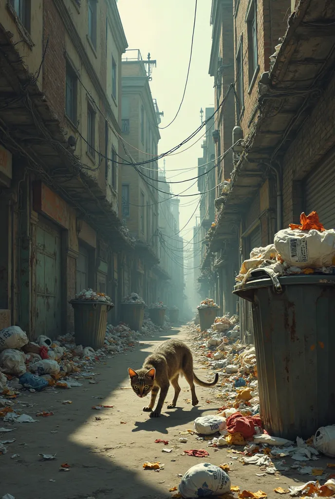 Show a lone, skinny cat moving from one trash can to another, scratching and sniffing for food.