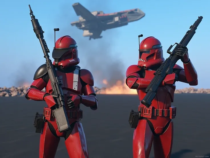 Clone soldiers with a blaster,PH1clonSoldier, weapon, gun, holding weapon, armor, rifle, holding, helmet, holding gun, undefined gender, red armor ), black sand background,  explosions, spaceships in the background, coals, blue sky [reflections, Rays of li...