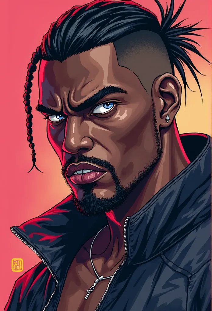 black male,age 40, low haircut,goatee, light colored eyes , cyberpunk style, colorful, serious look, angry, Digital illustration style, Digital Illustration Portrait, Trends in Artstration, in the art style of bowater, detailed portrait of anime girl, digi...