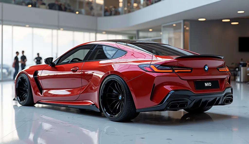 create an ultra-detailed 3D render  (close back left right side view, )of a modern( 2026 bmw M10)with a bold designy  looking long like limousine captured from (close back right left side view.) The car should feature a 'Gleamy oily ( red beans)' color and...