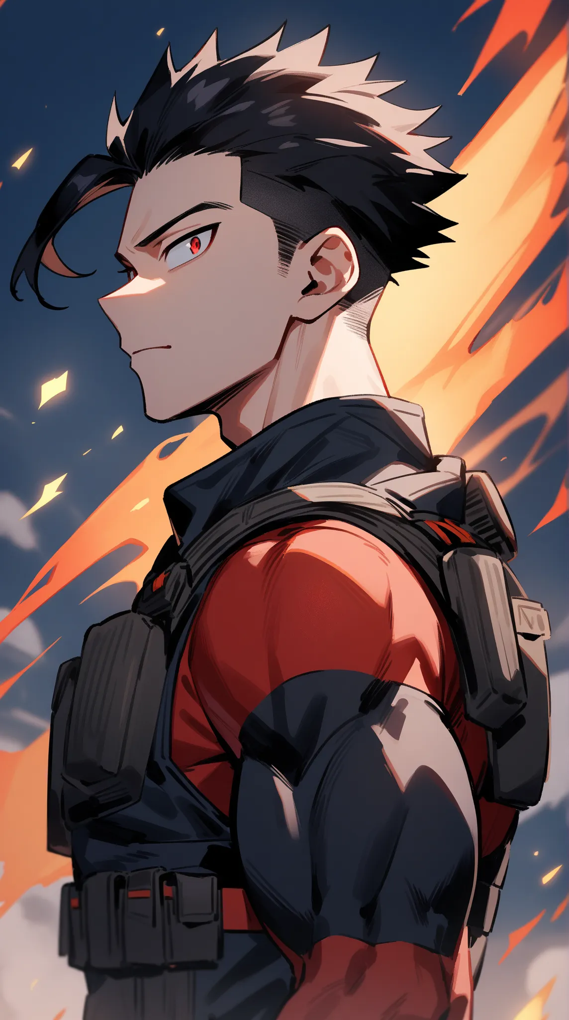 1teenager, male focus,athletic muscular body, tall, fair skin,undercut slick back hair,black hair with red highlight,red eyes, boku no hero academia,flying in sonic boom, engulf in infernal fire,eyes on camera,tactical black colour with red line hero outfi...