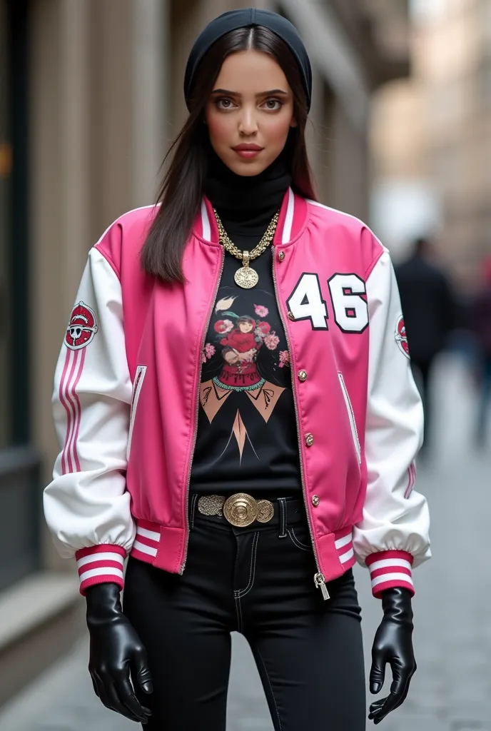 A mesmerizing woman with a flawless physique dons a turtleneck shirt featuring a *One Piece – Nico Robin* anime print, flawlessly paired with sleek black jeans. Over her shirt, she wears a striking pink athletic jacket with crisp white sleeves, a refined C...