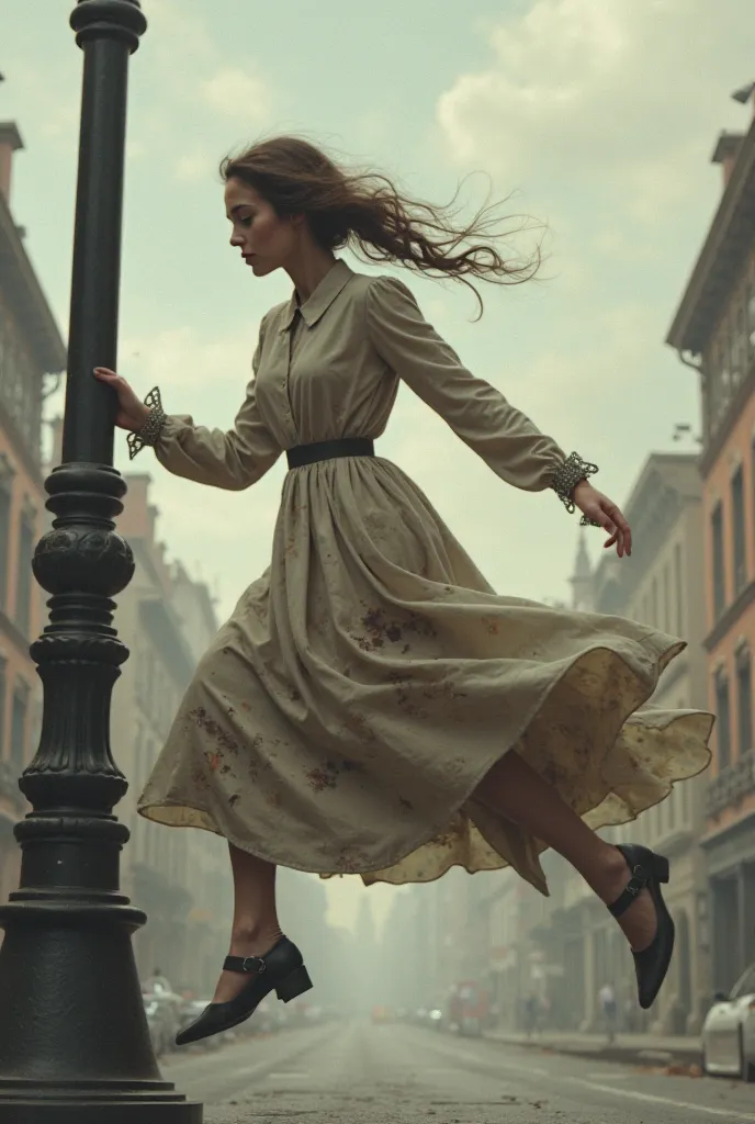 long-sleeved and long-tailed, located on a street lamp turned off, A woman running backwards wearing an old dress with a patch
