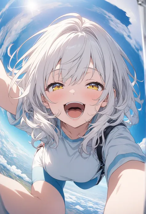 masterpiece, Highest quality, Highly Detailed CG Unity 8k Wallpaper, blue sky, anime illustration of a high school girl. Sexy Poses、Close your eyes、opening your mouth, smile.  The background is a pastel colored landscape, White hair color, yellow eyes, sel...