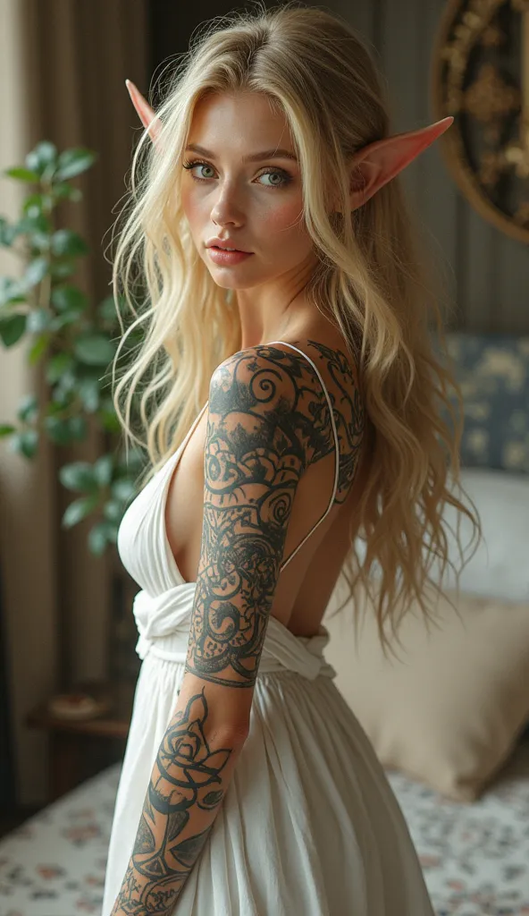 Sexy blonde elf girl in a white dress at home in a full-length tattoo beautiful open figure 