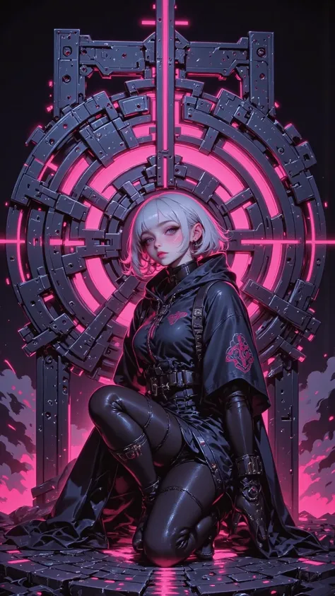 A futuristic masterpiece，with an atmosphere of vibrant colors and flawed art，depicts a man wearing a technological costume，girl with white hair and blue eyes，leaning against a huge glowing weapon，Kneeling at the dynamic angle。