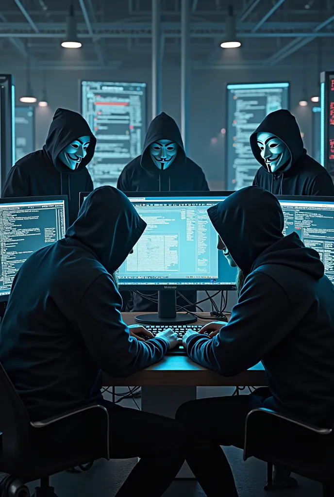 I want a photo of five hakers wearing guy fawkes mask sitting on great pc looking to me