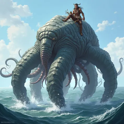 Draw me a tusoteuthis autarka from the game Ark: Survival Ascended with a rider on top of the ocean