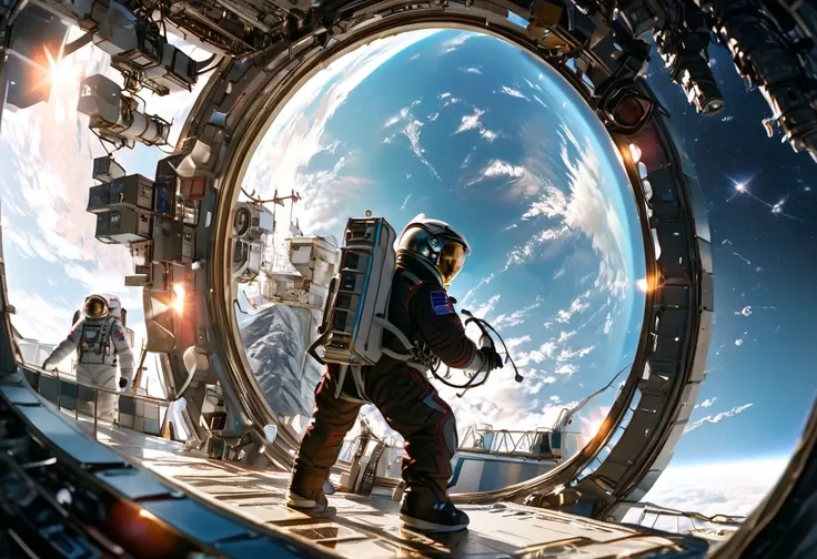 arte abstracto:1.5 ,astronaut in the space station, epic and beautiful image, highly detailed, 8k, photorealistic, dramatic lighting, stunning vista of the earth, glowing lights on the space station, astronaut suit with intricate details, majestic stars in...