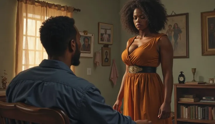 Emotional African big ass woman standing in front of her husband sitting down in the living room 