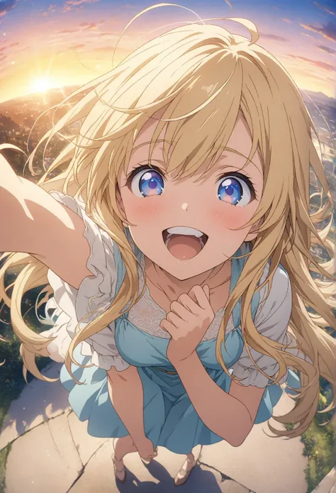 masterpiece, Highest quality, Highly Detailed CG Unity 8k Wallpaper, Sunset background, 20 year old girl anime illustration. Attractive Poses、Close your eyes、opening your mouth, smile.  The background is a pastel colored landscape,  Blonde Color ,long hair...