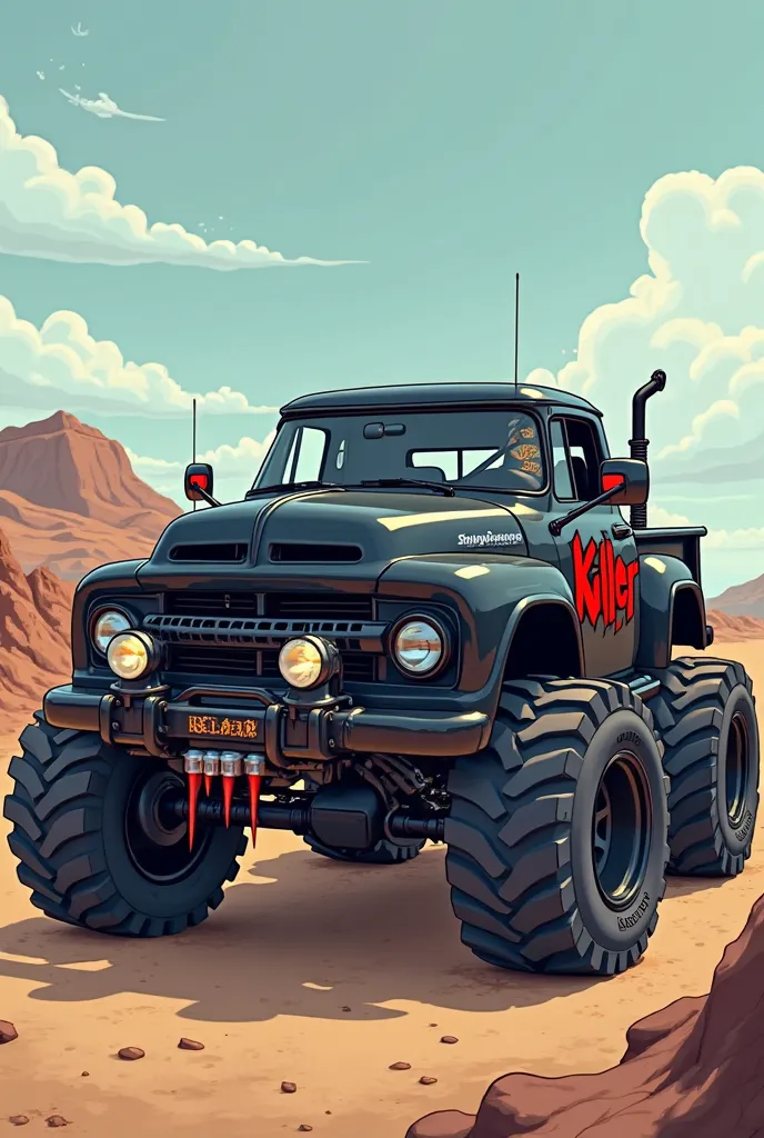 generate a cartoonish image of a black truck like a dodge ram but with racing wheels, low suspensions (like a low rider), on the truck the word "killer" is written in red markings. The car has a bull bar with long sharp spikes facing forward. It should not...