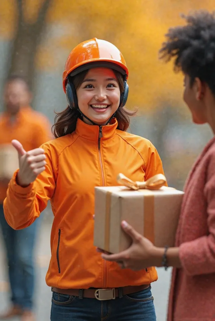 Prompt: "A cheerful delivery rider in a bright uniform holding a successfully delivered package with a big smile and giving a thumbs-up. Background is a happy customer receiving the package."