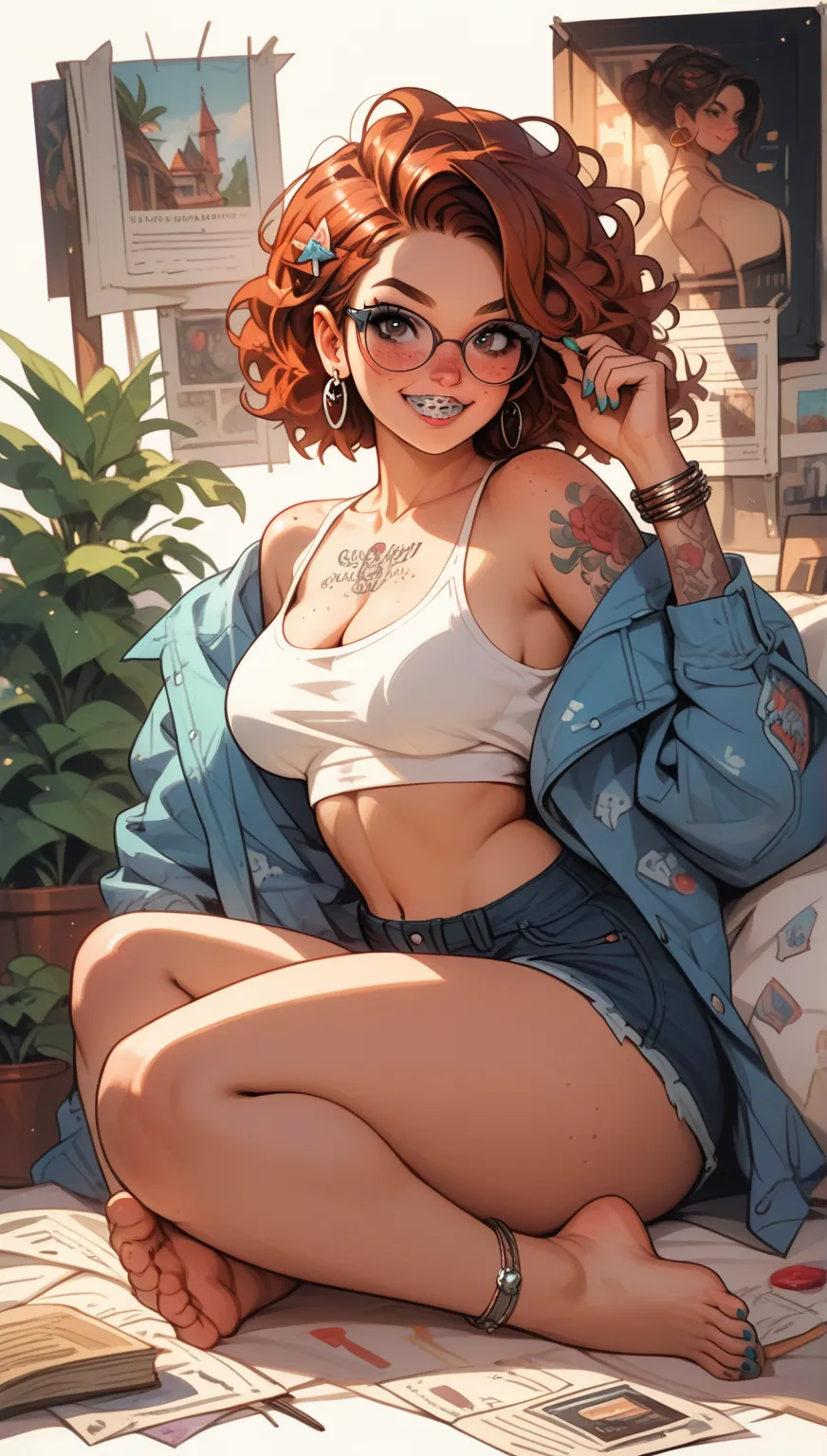 score_9, score_8_up, score_7_up, score_6_up, female, solo, nerdy, quirky, alt, beautiful eyes, perfect face, perfect body, glasses, freckles, braces, smiling, bashful, earrings, midriff, cleavage, exposed shoulders, painted fingernails, tattoos, voluptuous...