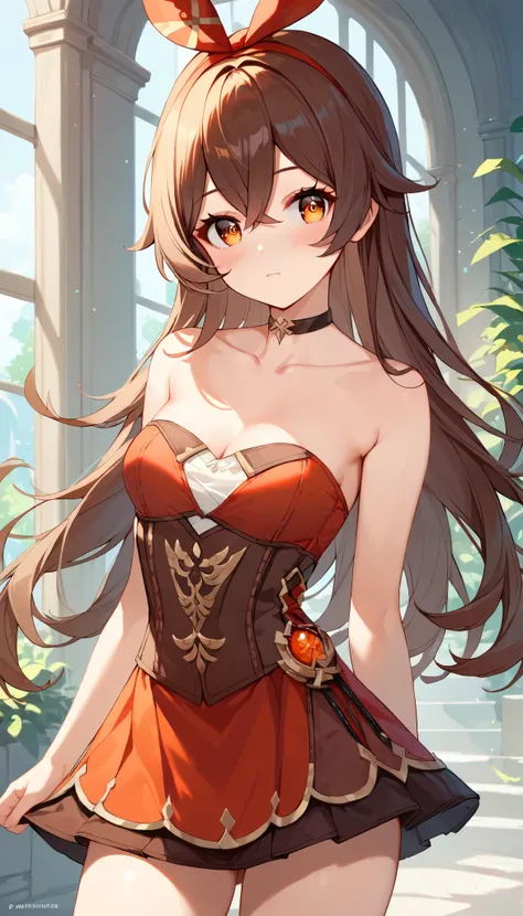 score_9, score_8_up, score_7_up,source_anime, high res image,masterpiece,best quality,girl,cute face,clear skin,amber_genshin, cowboy shot, strapless corset dress, collarbone, choker, blush