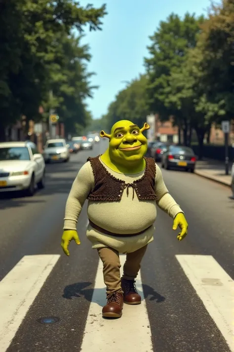 Shrek crossing down Abbey Road like the Beatles album cover