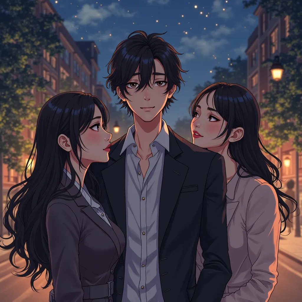 "An anime-style illustration featuring three main characters in a dramatic love triangle. In the foreground, a handsome young man with black hair (Jiang Qin) looks conflicted, standing between two beautiful women. One woman (Liu Ruyan) has long, flowing bl...