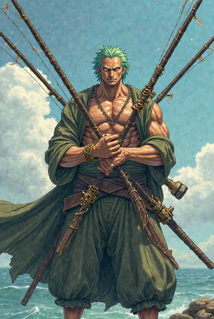 Rorono Zoro holds three fishing rods in his place of swords