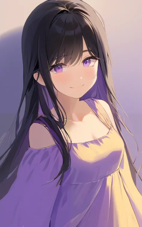 (masterpiece,Highest quality, narrower _ exhaustive,Hi-Res,Absard Dress:1.2), golden purple color,(oil \(medium\):1.1), 1 girl, Alone, black hair, watching viewers, gray eyes, long hair, blue eyes, cute、smile、Baby Face、