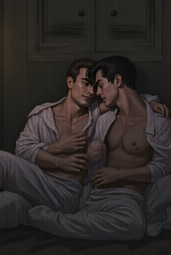 This image features like a two man with soft and naughty expression sitting in a bed together in dimly light room