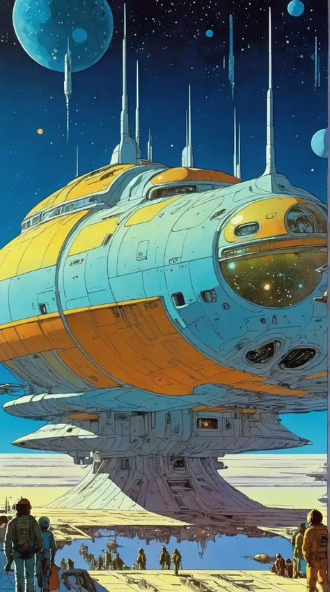 Moebius (Jean Giraud) Style - A picture by Jean Giraud Moebius, Spaceship in deep sky, Science fiction illustrations, Retro-future. Sci-fi illustrations , Impressive retro-future Spaceship, galaxy, Distant nebulas, in Moebius' signature style with sharp de...